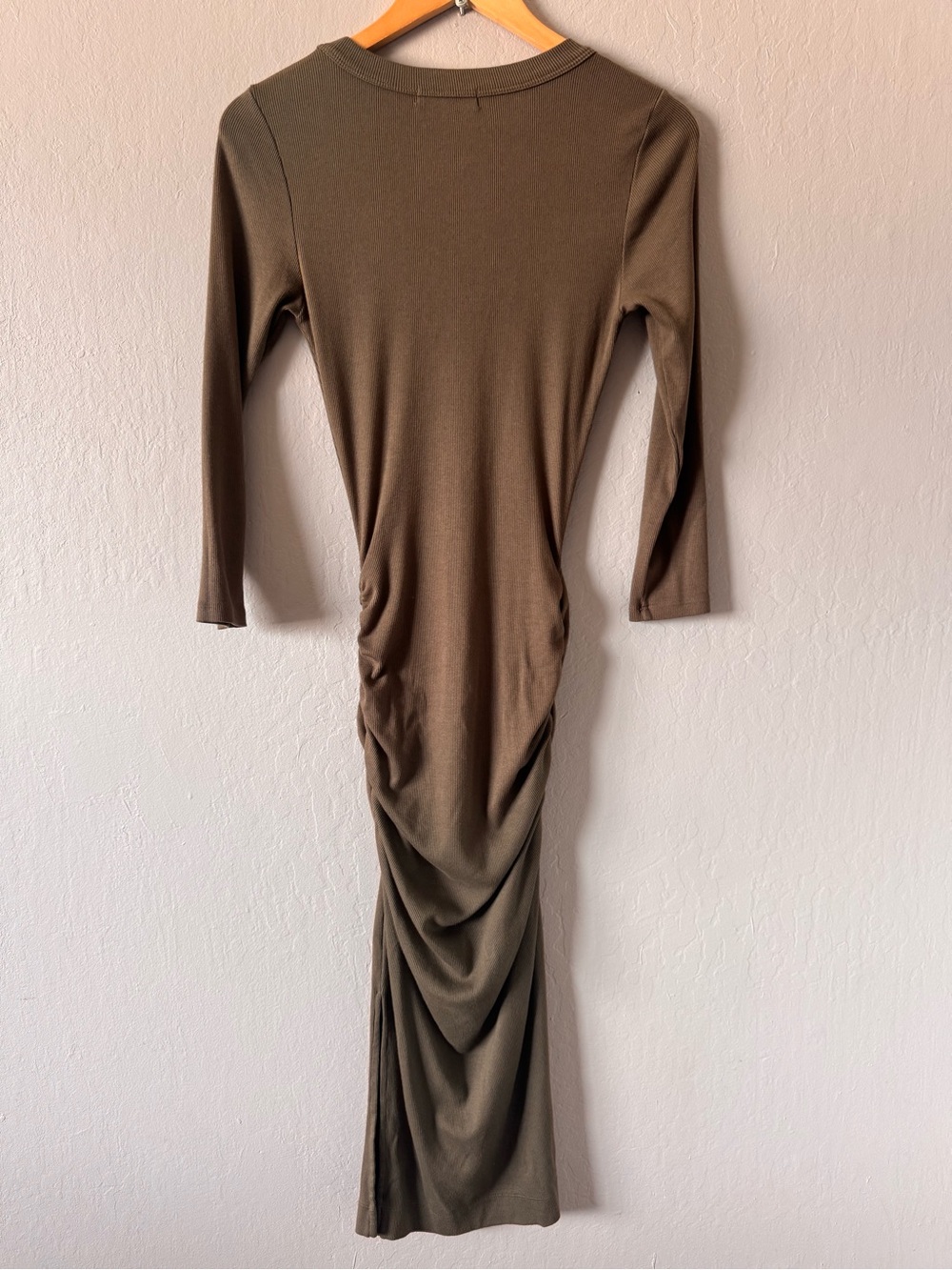Michael Stars Ultra Rib Olive Green 3/4 Sleeve Ruched Midi Dress with Side Slit - Picture 2 of 9